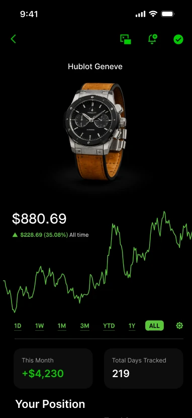 MyValue item screen with an all-time value chart, this month's gain and your position