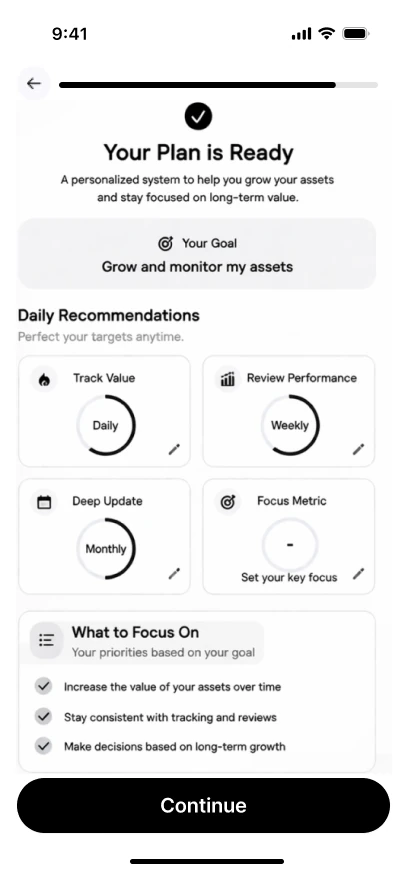 Onboarding: your plan is ready, with daily, weekly and monthly recommendations