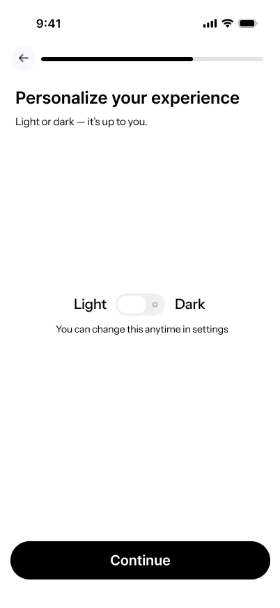 Onboarding: choose light or dark mode